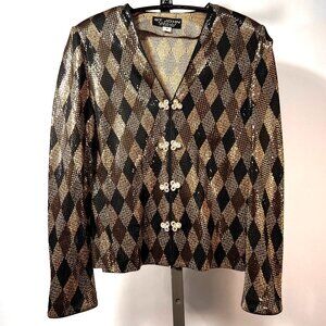 ST.JOHN EVENING Brown and Gold Sequined with Rhinestones Jacket Woman 8 USA made